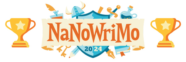 NaNoWriMo-Winnerlogo NaNoWriMo umrahmt von Pokalen